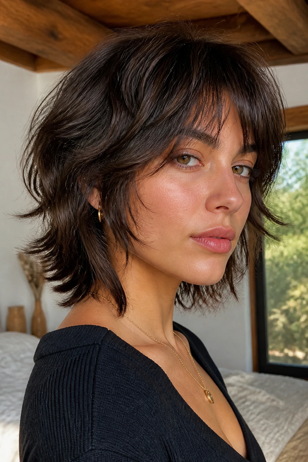Portrait of a real woman with a mid-length shag bob showing layered crown and back shards.