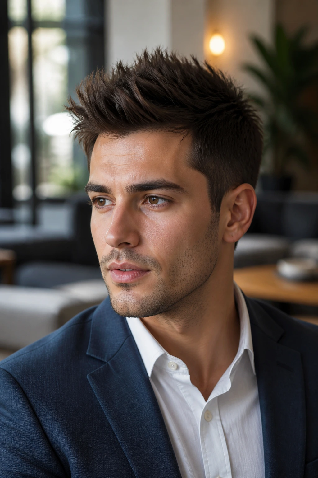 Close-up portrait of a man with a mid-length spiky top hairstyle in a modern office