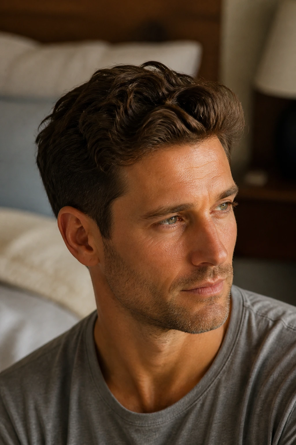 Close-up portrait of a man with a mid-length taper haircut in warm window light.