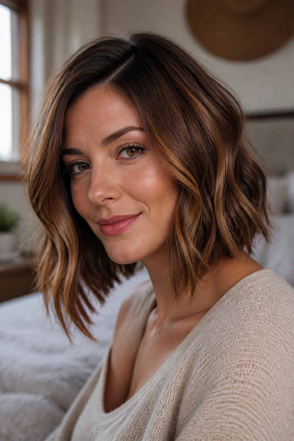 Close-up portrait of a real woman with a mid-length V-shaped long bob and jawline waves