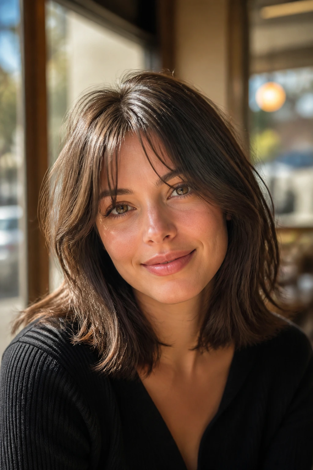 Real woman with shoulder-length hair and wispy ends in natural window light.