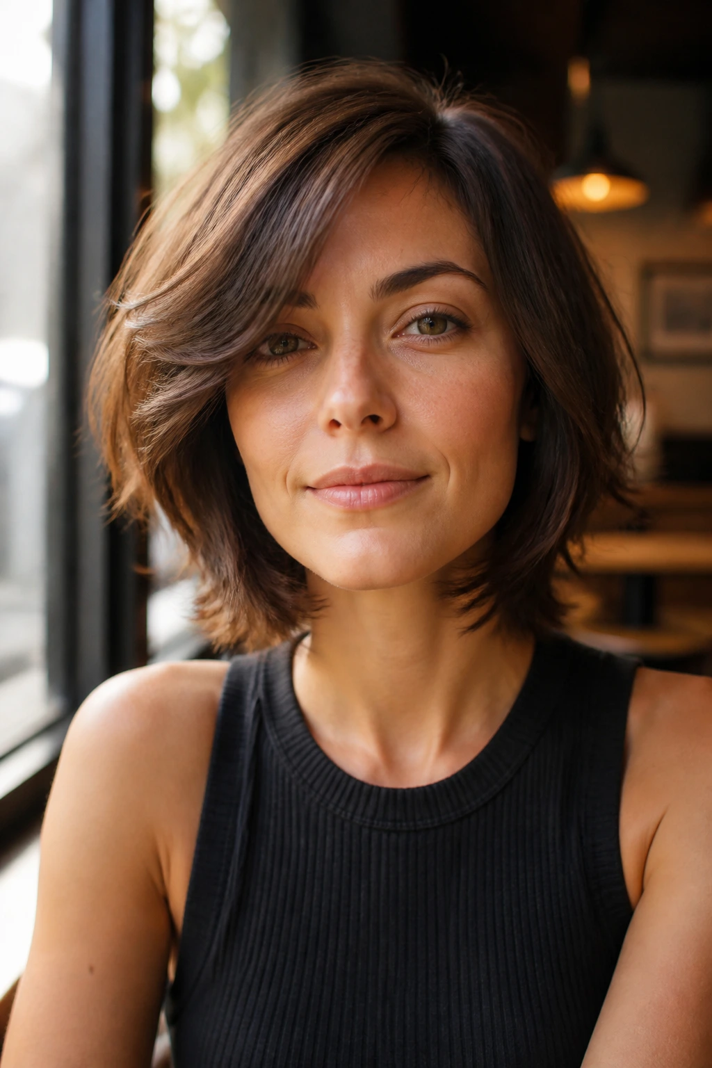 Close-up of a real woman with mid-neck length layered bob in sunlit cafe