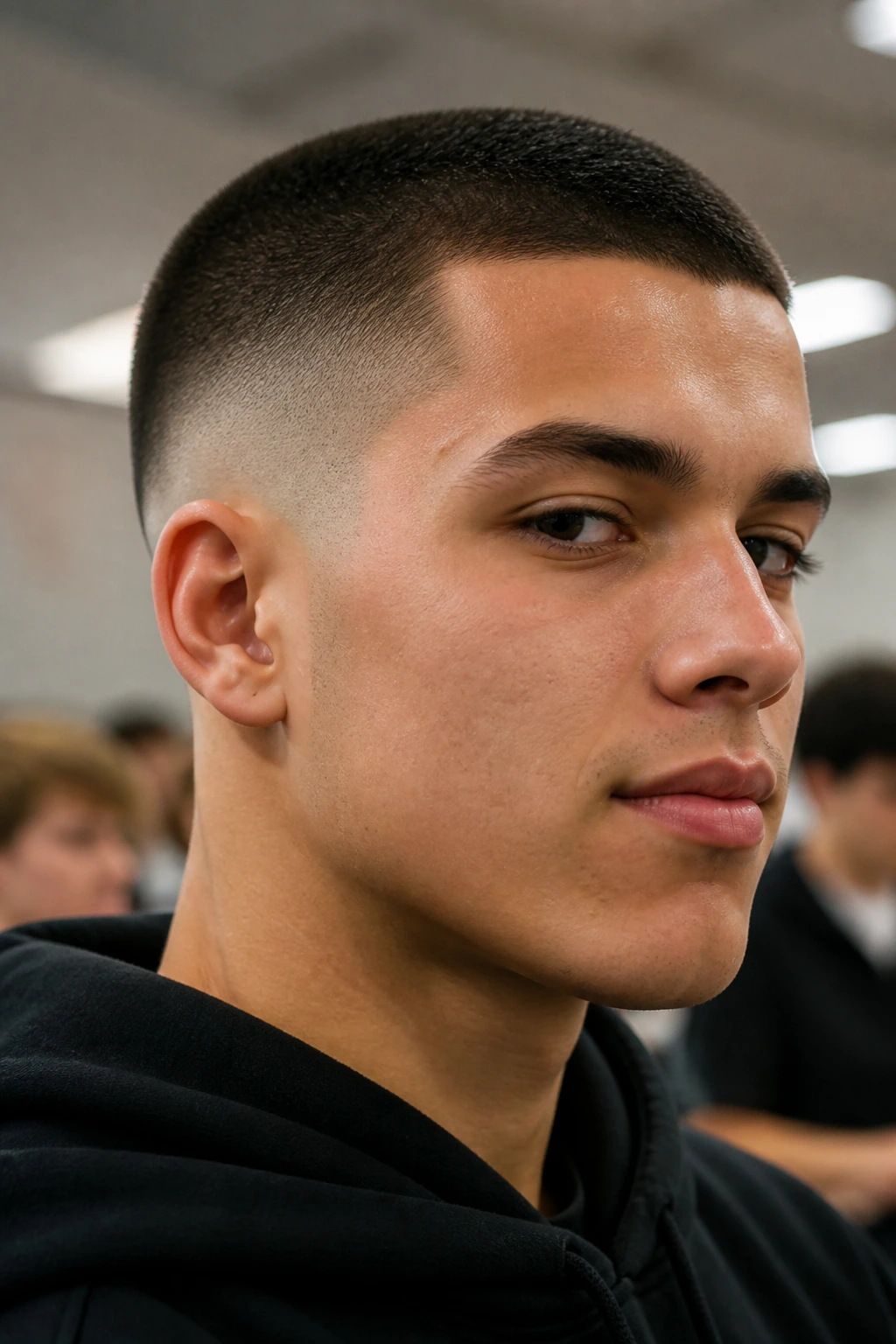 Close-up of a student with a mid-skin fade in a classroom