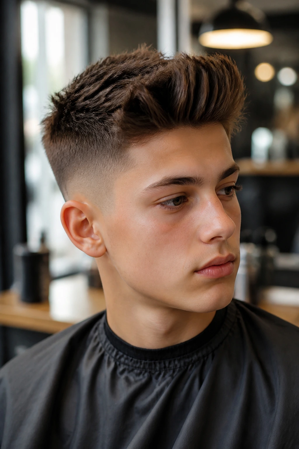 Teenage boy portrait with mid-skin fade and textured quiff