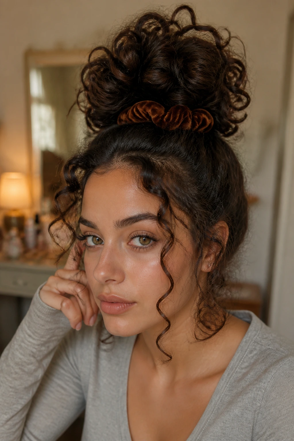 Close-up of a real person wearing a loose high pineapple bun to refresh curls.