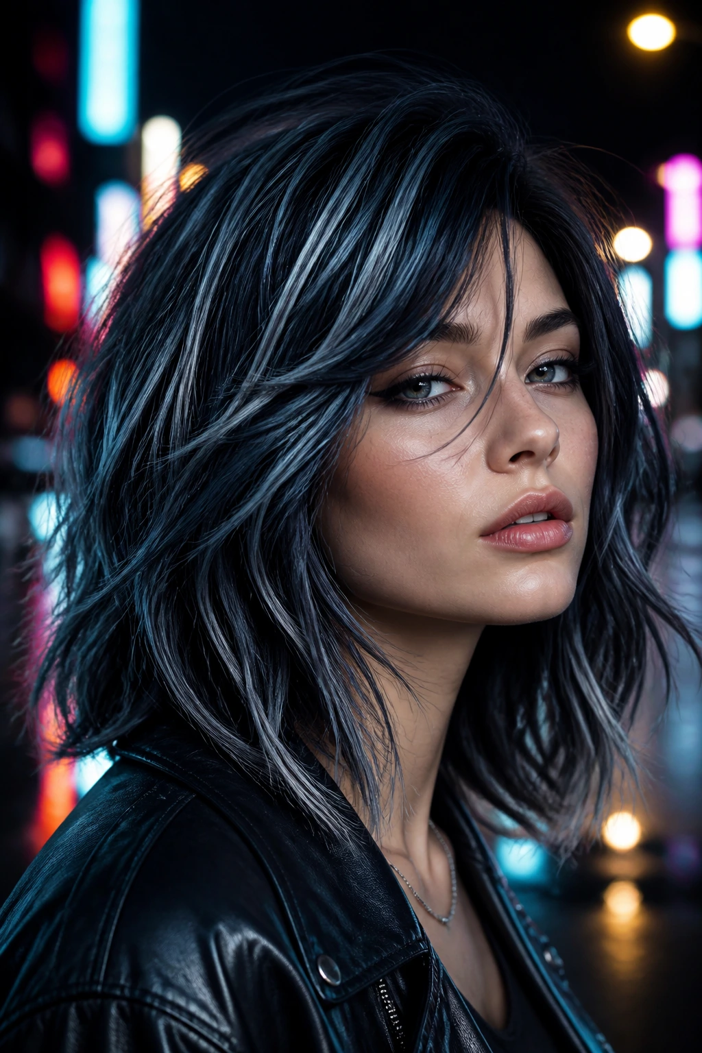 Close-up portrait of a real person with midnight blue-black hair and silver frosting against a moody city backdrop