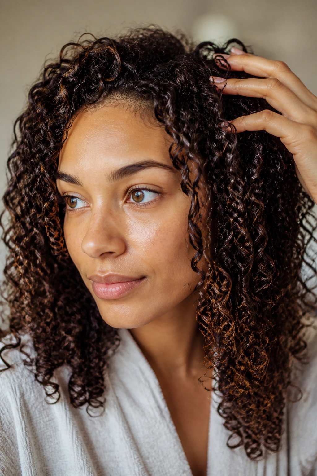 Close-up of real person with refreshed mid-week curls under soft lighting