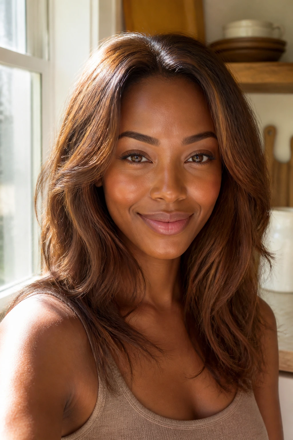 Portrait of a woman with milk chocolate brown hair in warm light