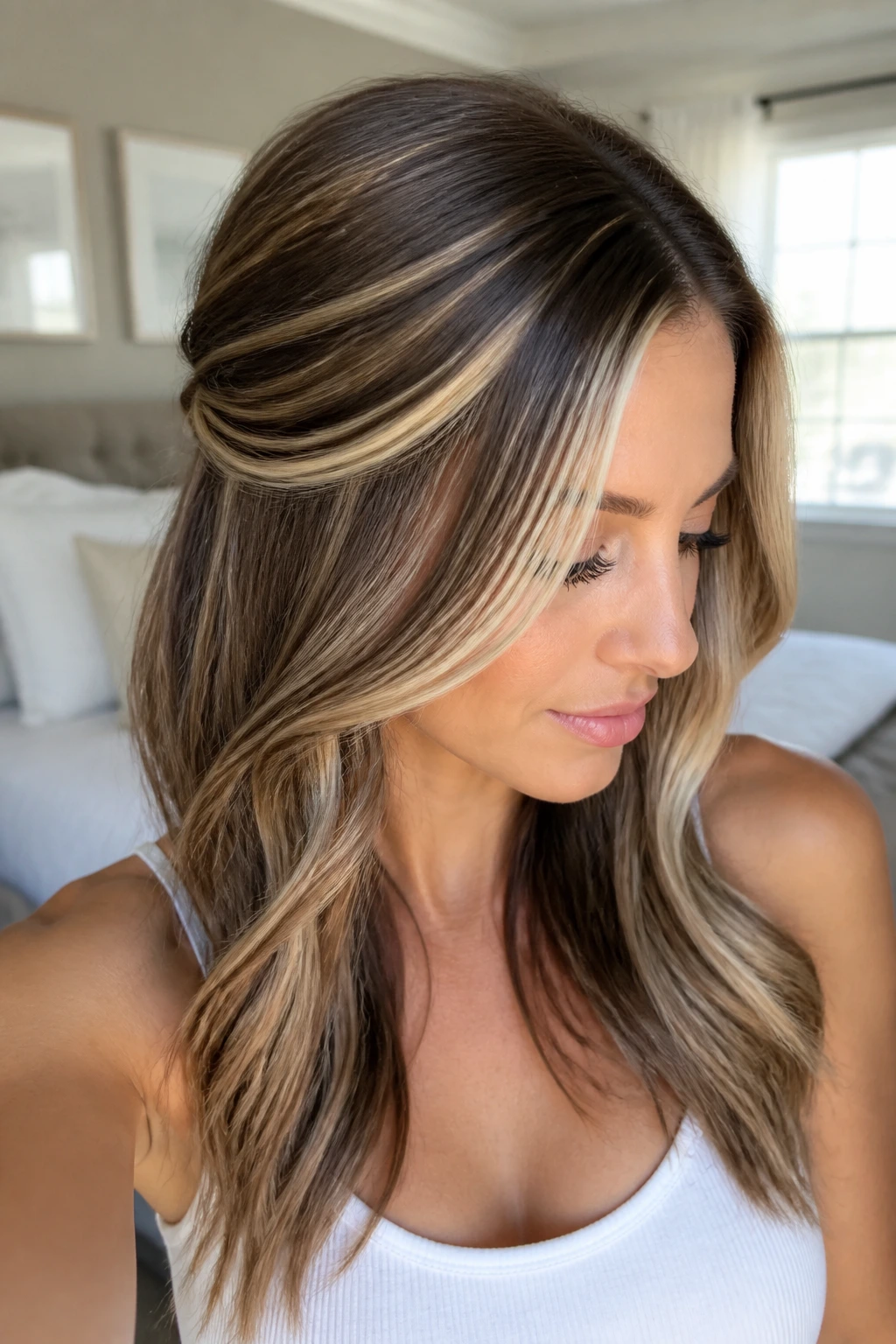 Close-up of milk-chocolate hair with vanilla frosting highlights