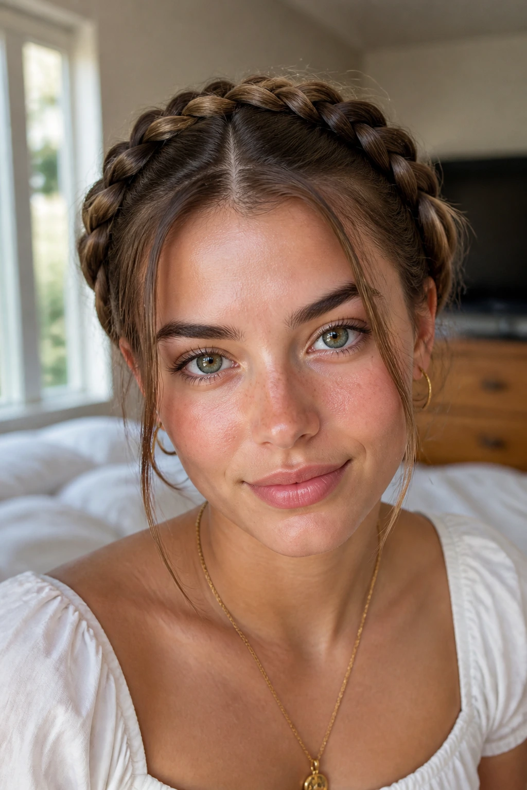 Close-up of a real woman wearing center-part milkmaid braids in a sunlit bedroom