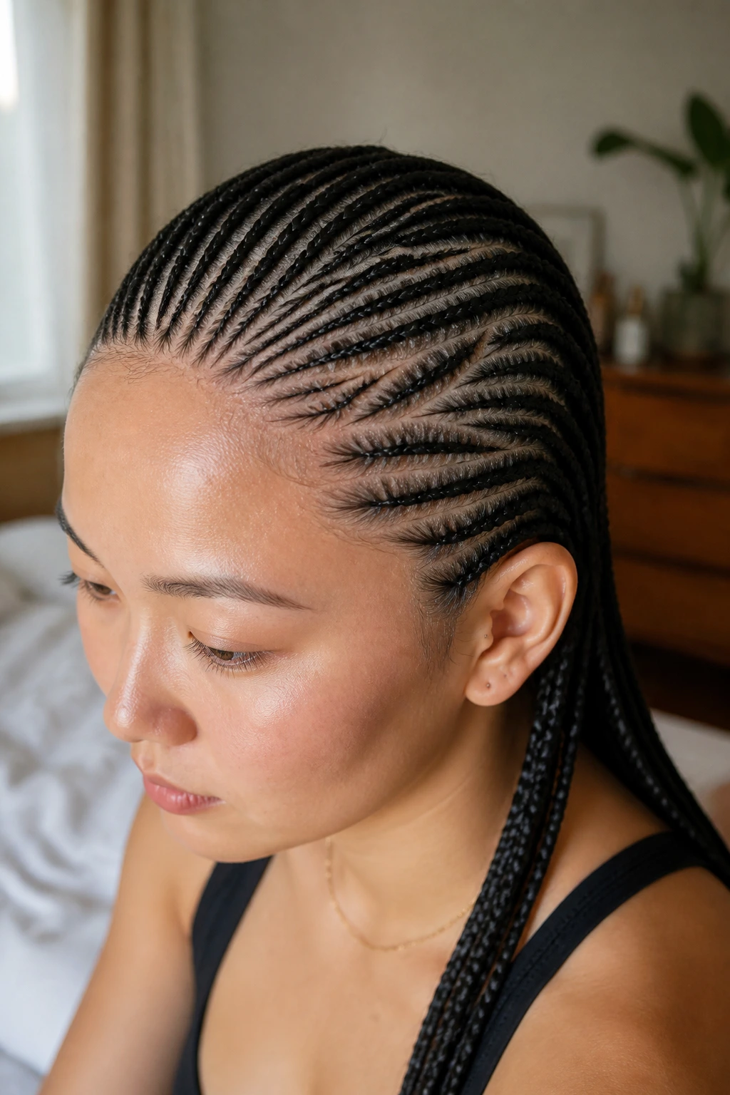Close-up of tiny micro-cornrows on a real person, scalp patterns visible