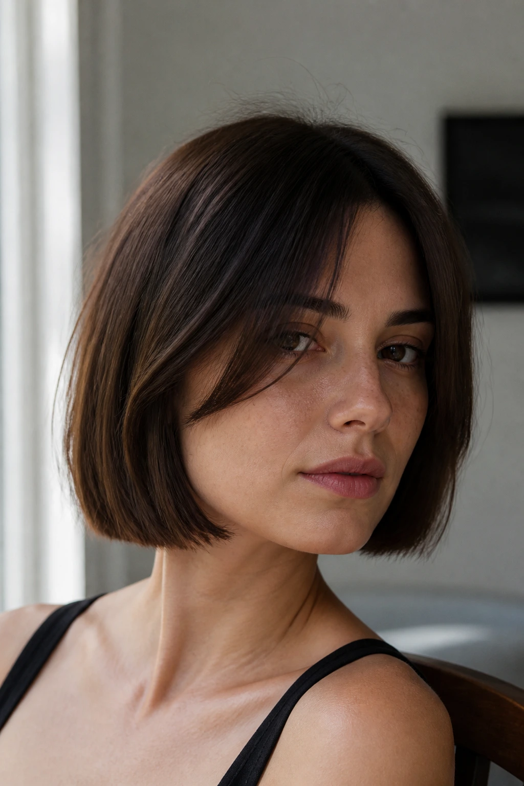 Close-up portrait of a woman with minimalist bob and long fringes