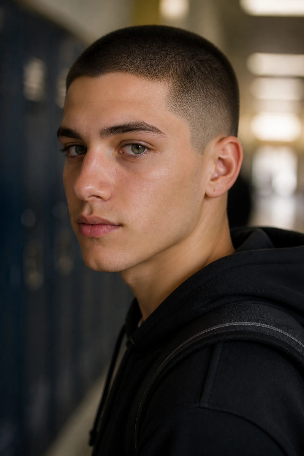 Close-up of a real person with a minimalist taper haircut in a school hallway