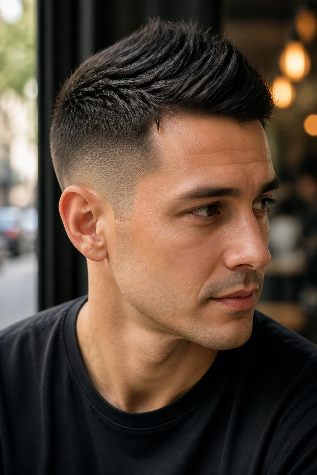 Close-up portrait of a person with a minimalist taper mohawk in warm cafe light