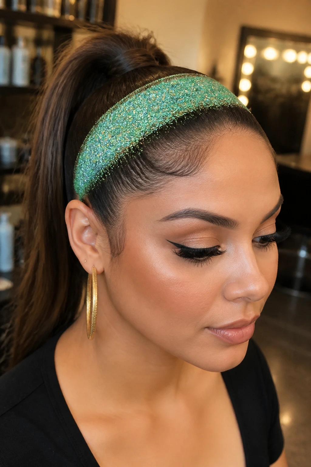 Front view of a real person with a mint-green glitter headband across the top of the head
