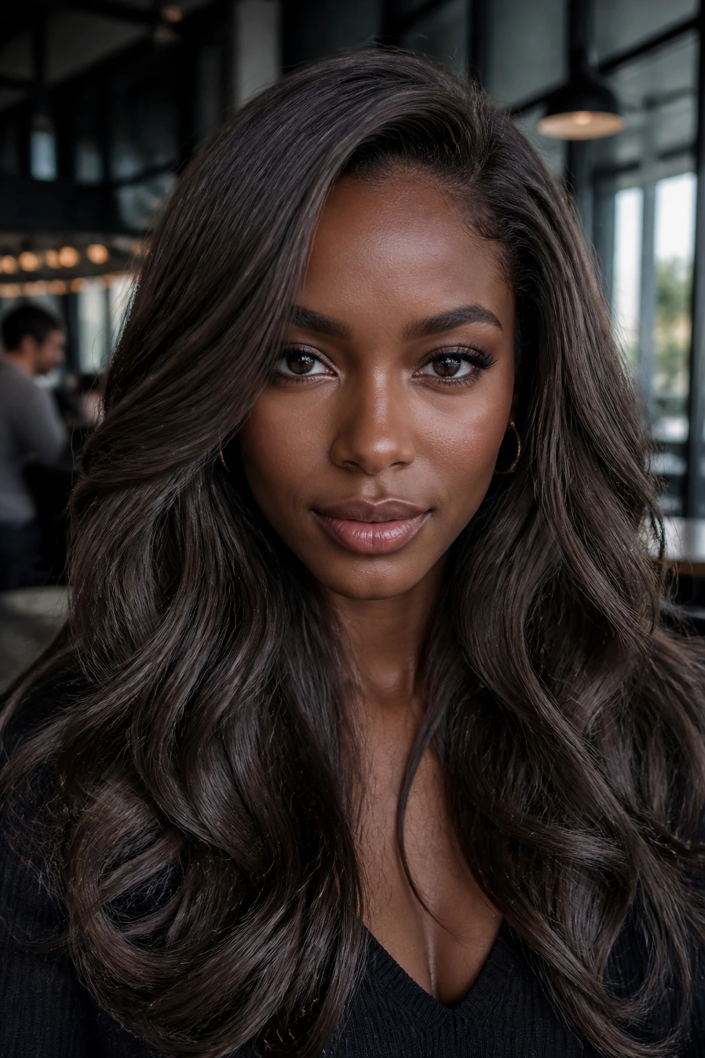 Portrait of a woman with mocha brown ash-toned hair under cool lighting