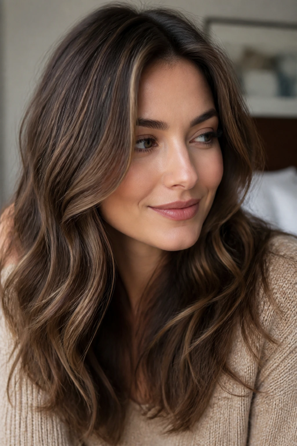 Close-up of mocha brown hair with subtle highlights on a real person.