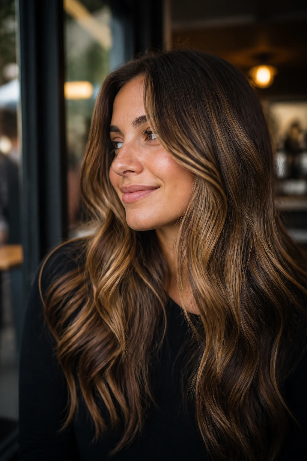 Close-up of mocha brown hair with toffee frosting highlights