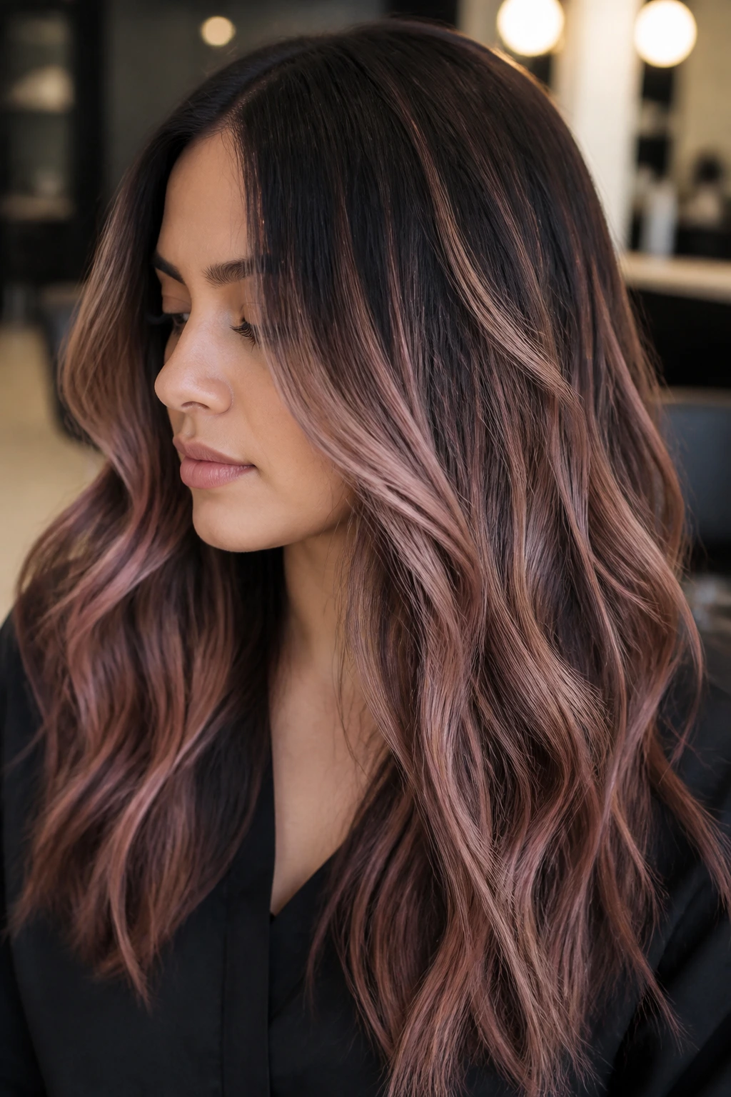 Close-up of natural mocha-pink balayage on a real person in a salon