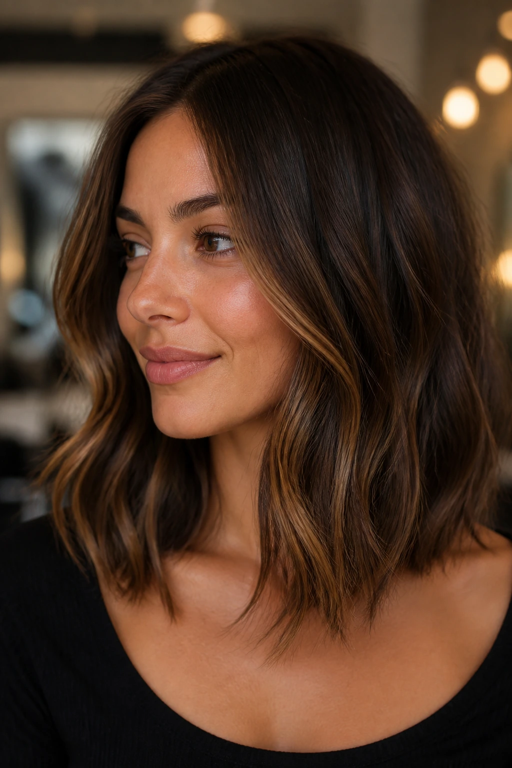 Portrait of a real woman with deep mocha hair and toffee highlights in a long bob
