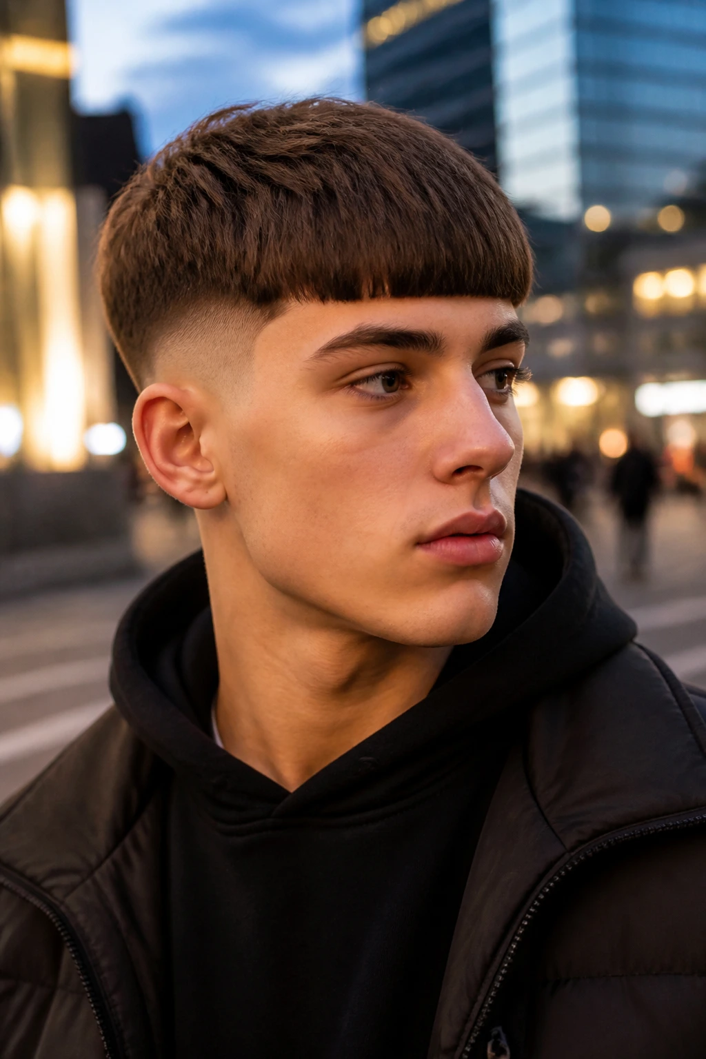 Close-up of teenage boy with modern bowl cut on city street at dusk