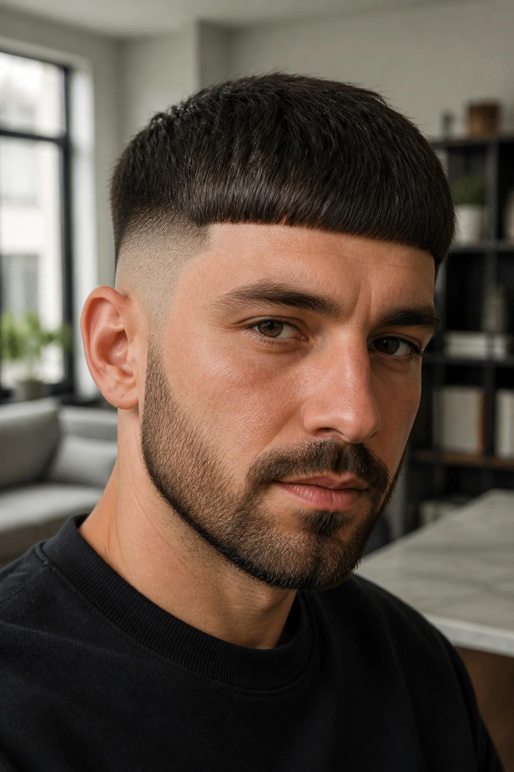 Man with a modern bowl cut in a stylish urban interior.