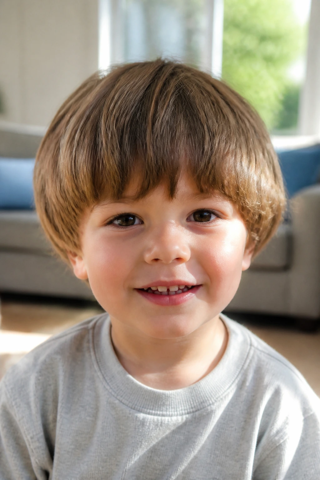 Close-up of toddler with a textured modern bowl cut