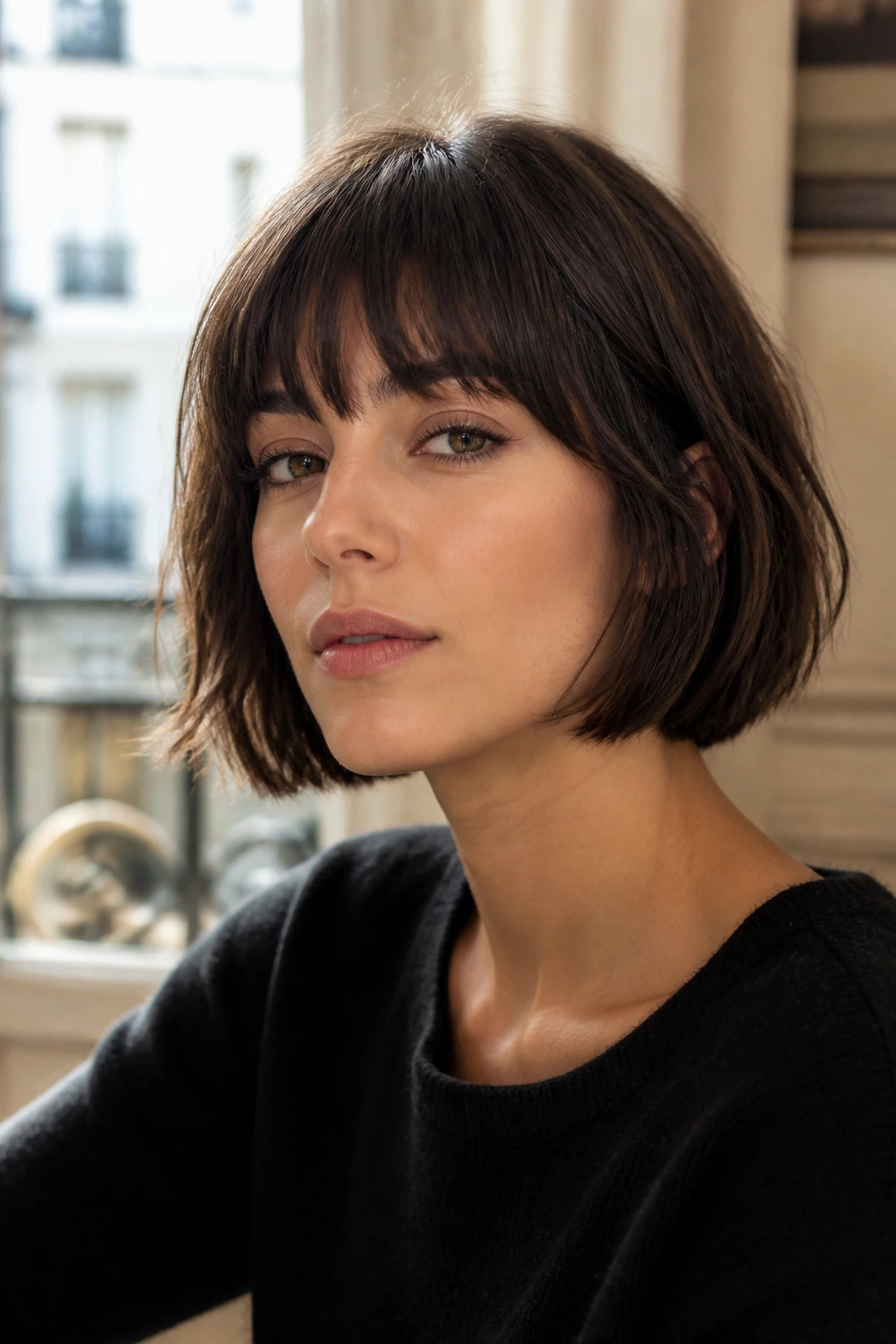 Close-up portrait of a real woman with modern French bob in sunlit interior