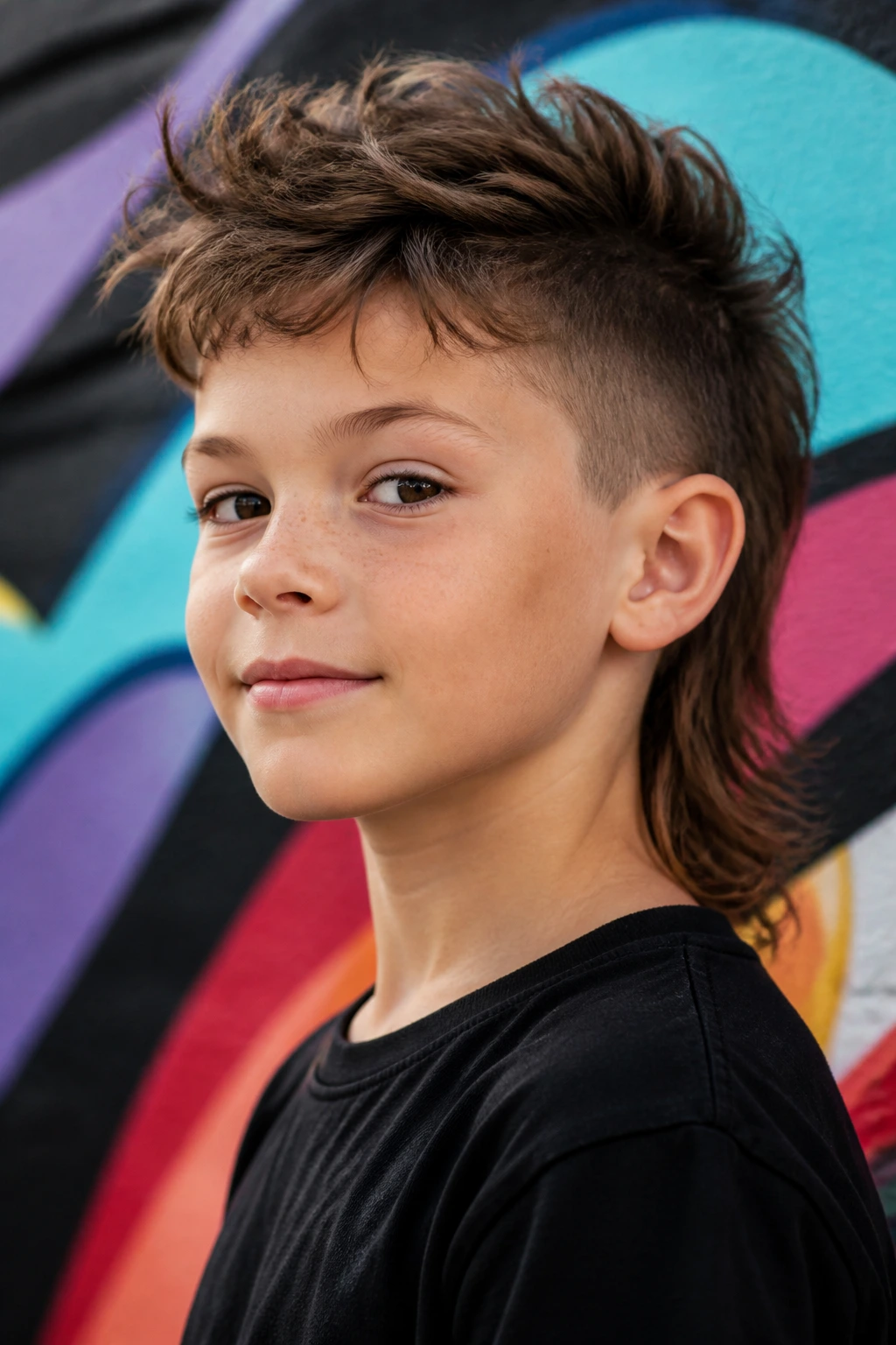 Child with modern mullet hairstyle in urban setting