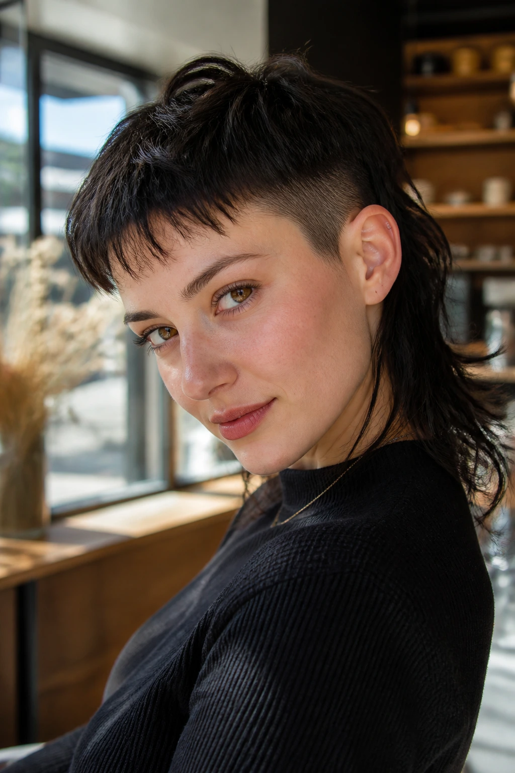 Portrait of a real woman with a modern mullet hairstyle in a cafe setting.