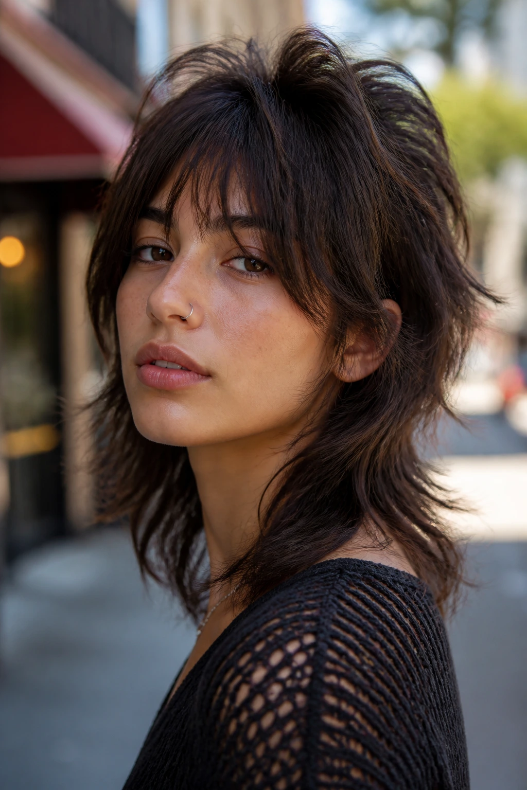 Close-up of a real person with a modern mullet hairstyle outdoors