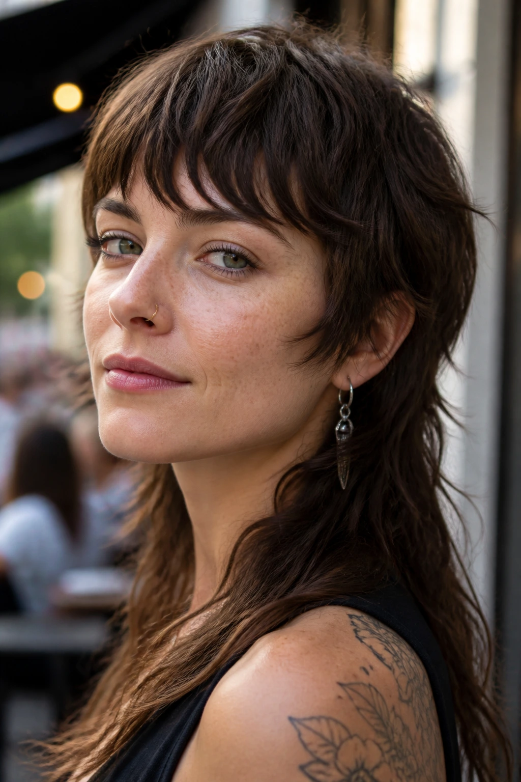 Close-up of a real woman with soft modern mullet in daylight