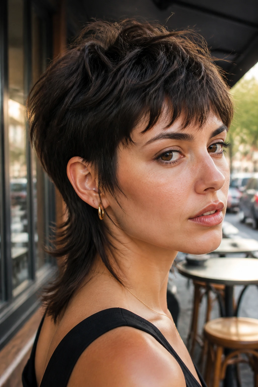 Real woman with modern tapered mullet showing short, textured top and longer neck layers.