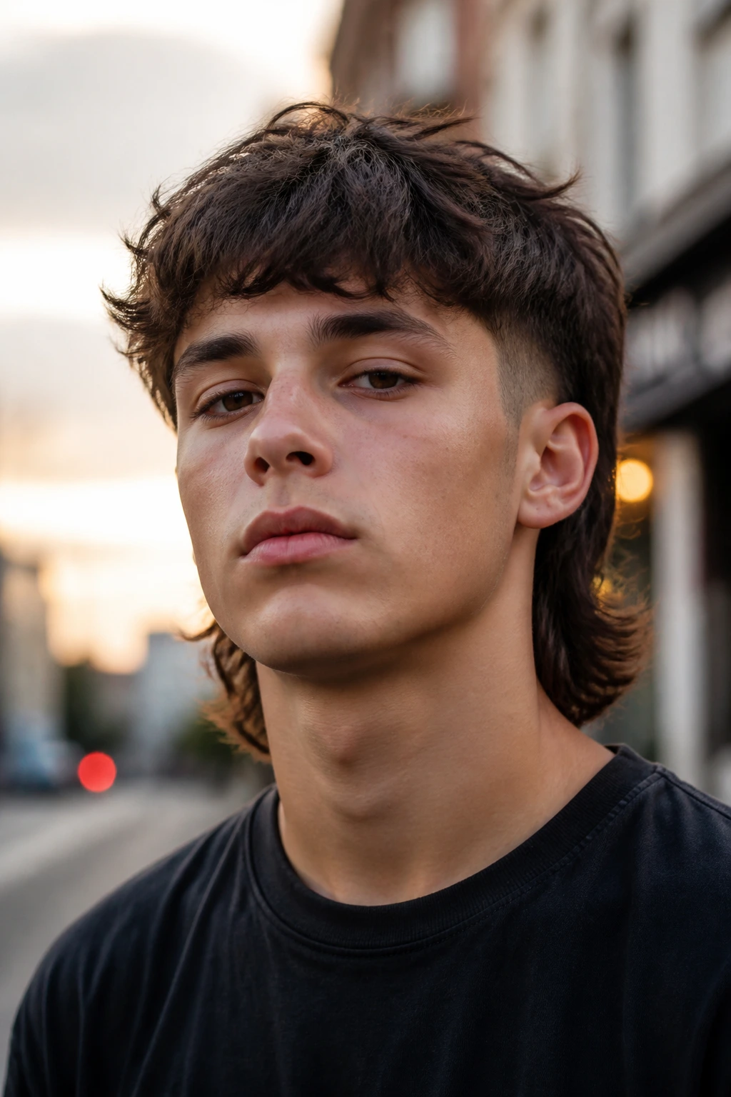Close-up portrait of a teen boy with a modern mullet in urban evening light