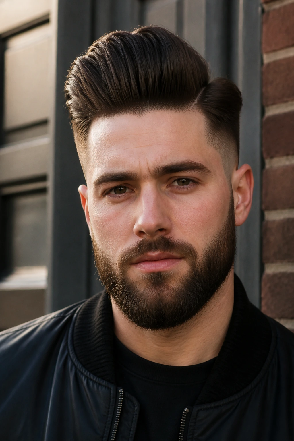 Man with modern pompadour and disconnected sides in urban light