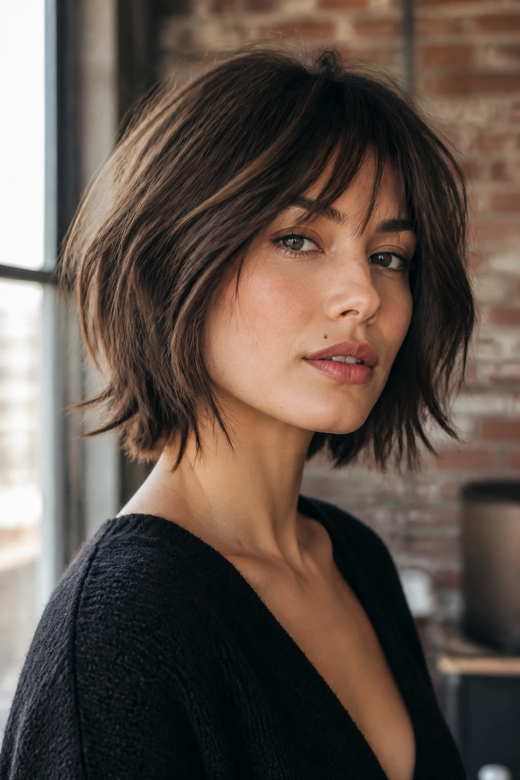 Real woman with layered shaggy bob in urban loft