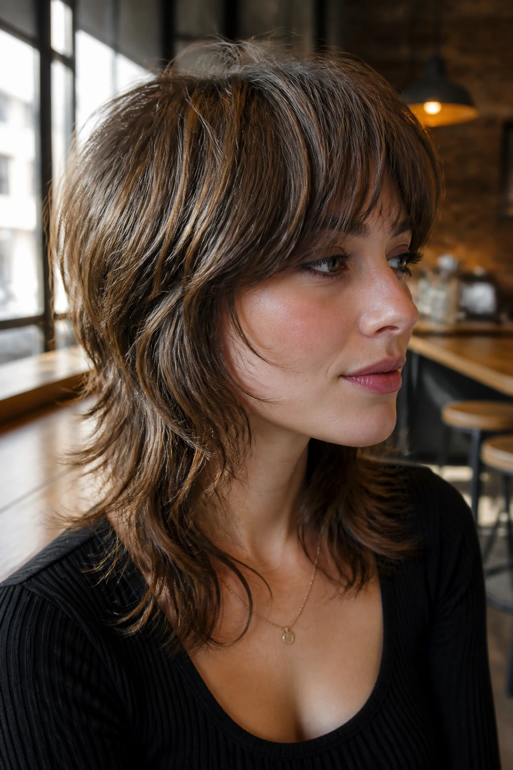 Close-up of a real woman with a modern shag hairstyle in natural cafe light.