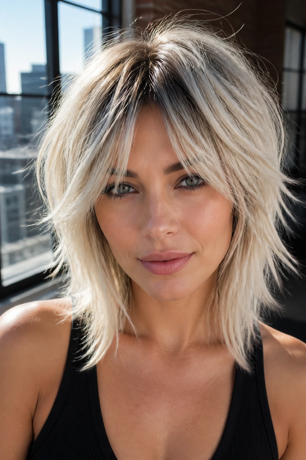 Portrait of a real woman with a modern shag and icy blonde highlights