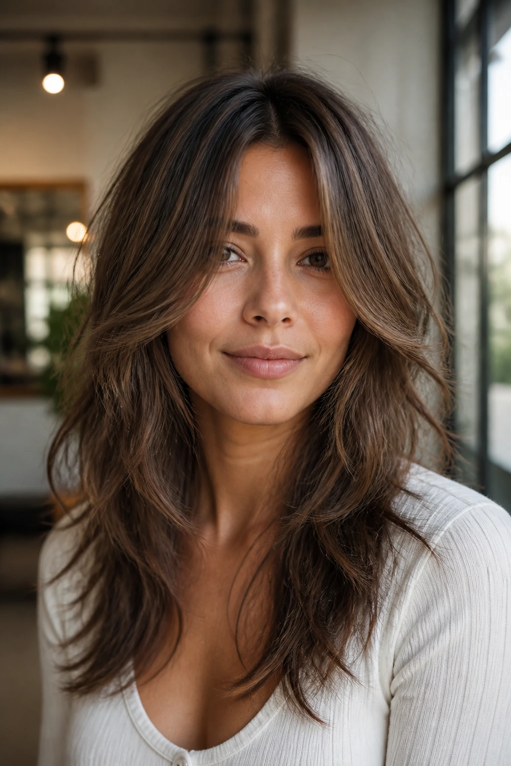 Portrait of a real woman with a modern shag and middle part
