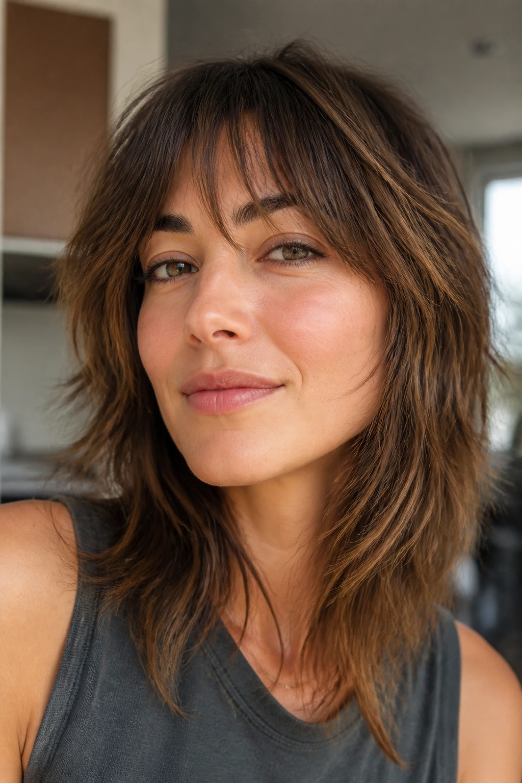 Close up of a woman with modern shag and wispy bangs