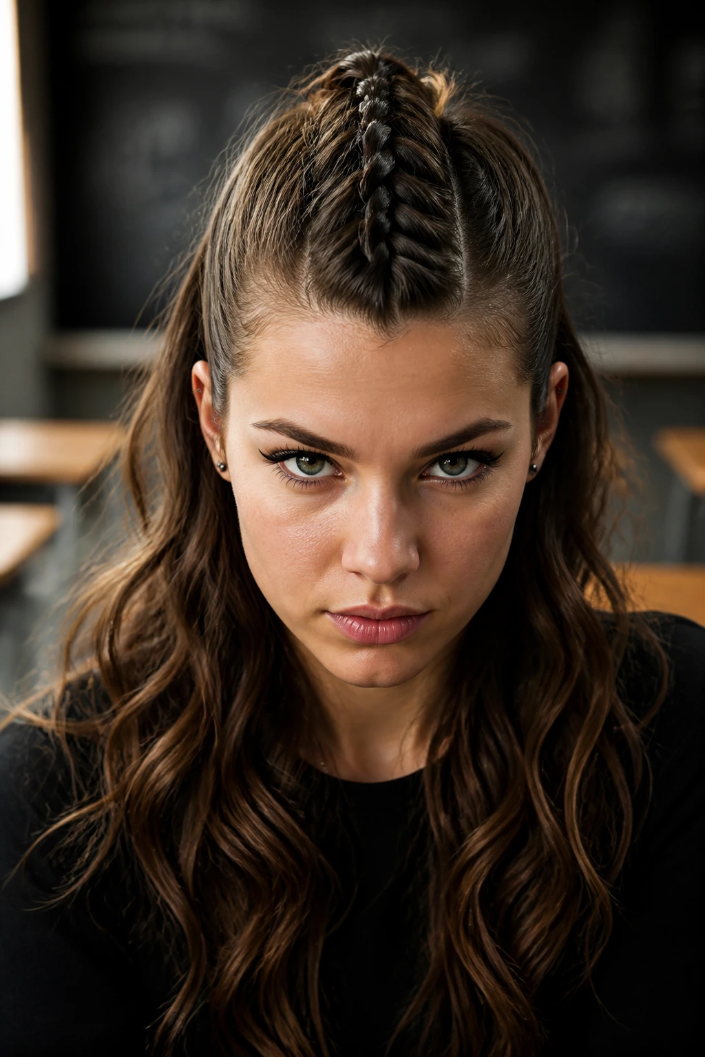 Close-up of a real person with a mohawk braid transitioning to loose waves