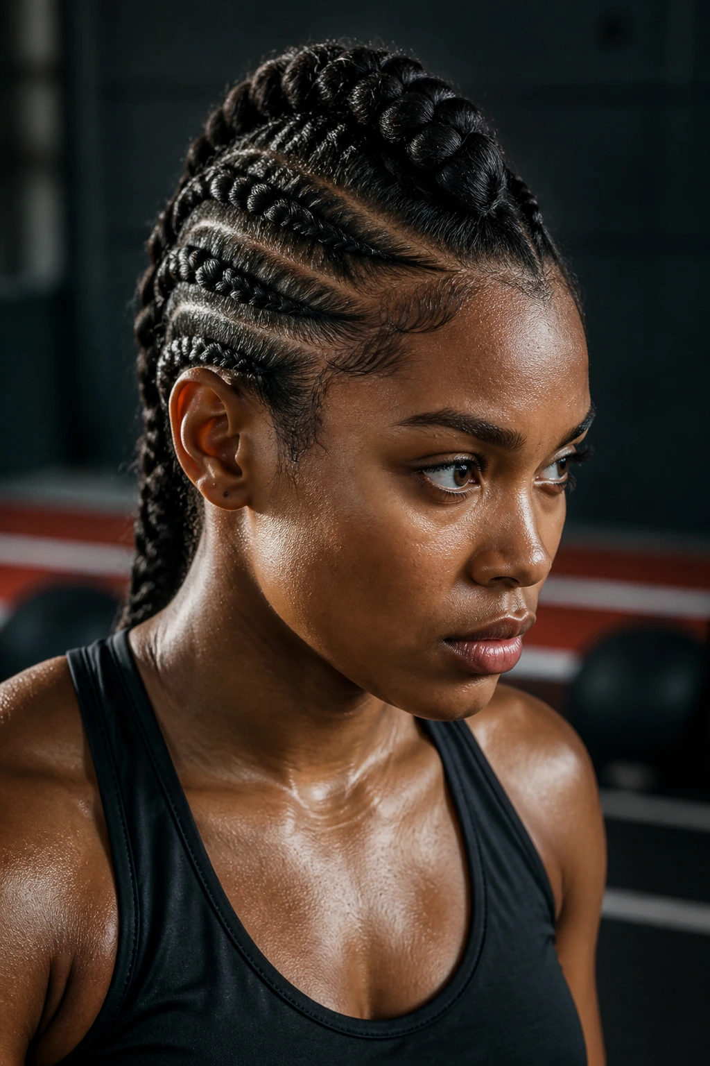 Close-up of a person with a Mohawk-inspired braid during workout