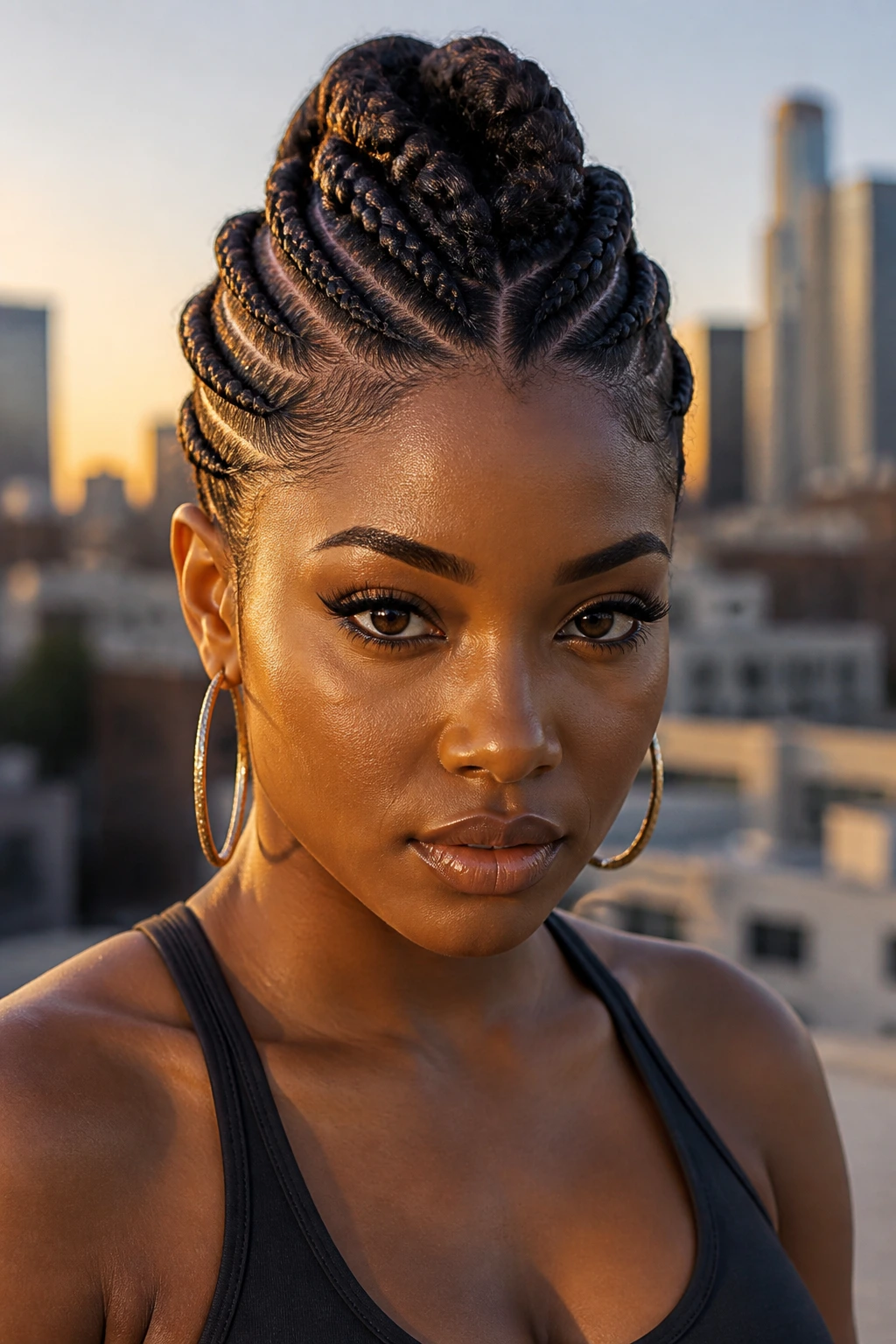 Close-up of a person with a mohawk-style braided updo