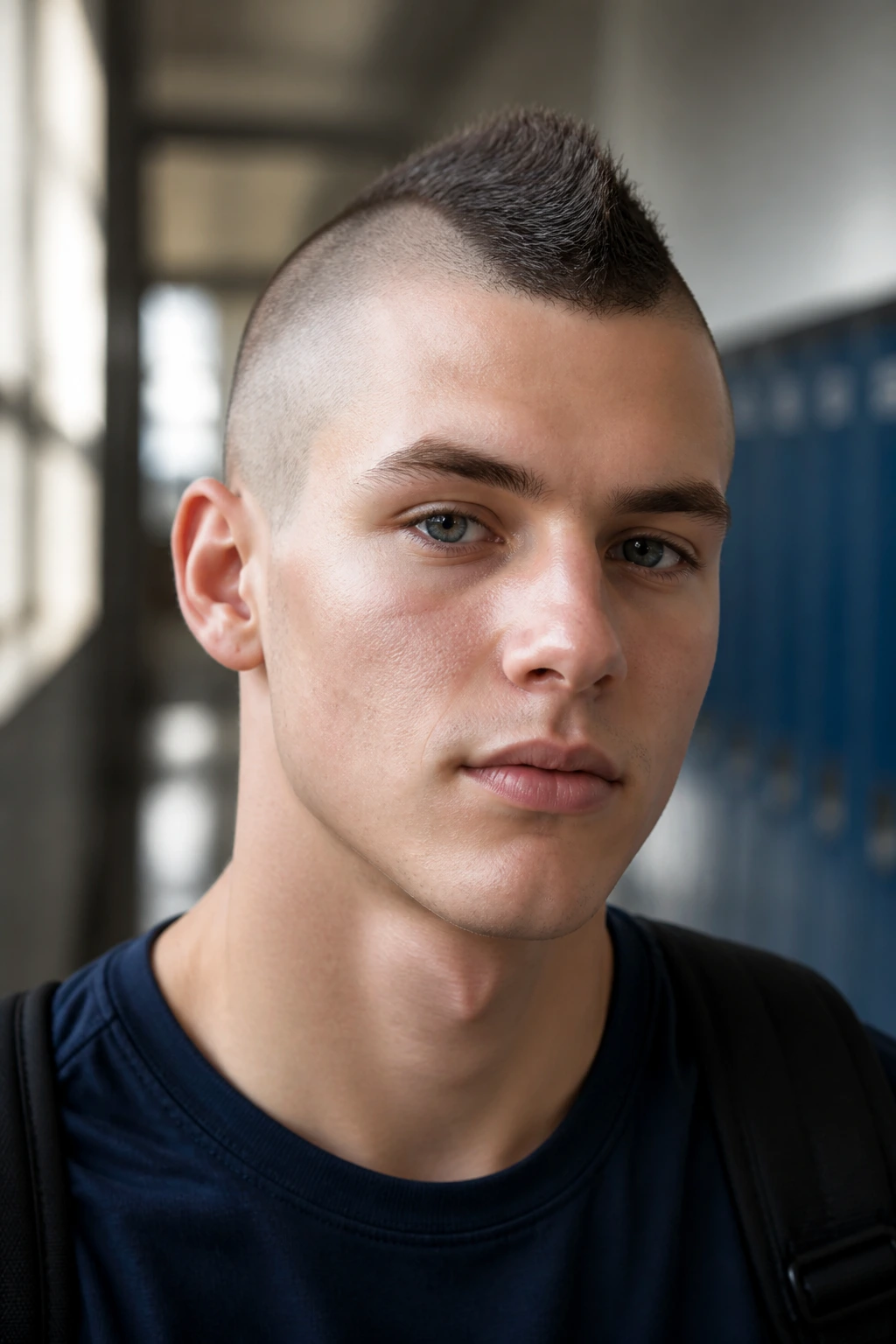 Close-up of a real student with mohawk-inspired buzz cut in a school hallway