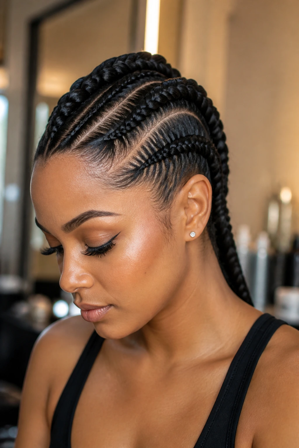 Close-up of a real person with three jumbo cornrows forming a mohawk.
