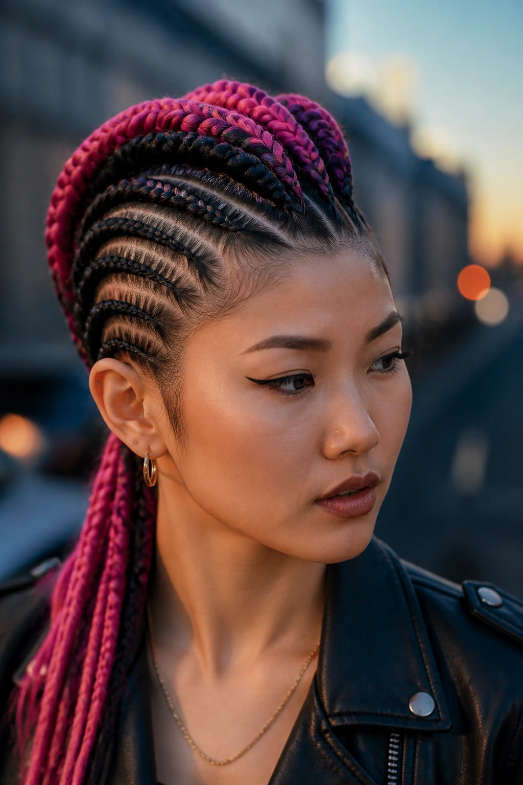 Real person with mohawk cornrows and bold color