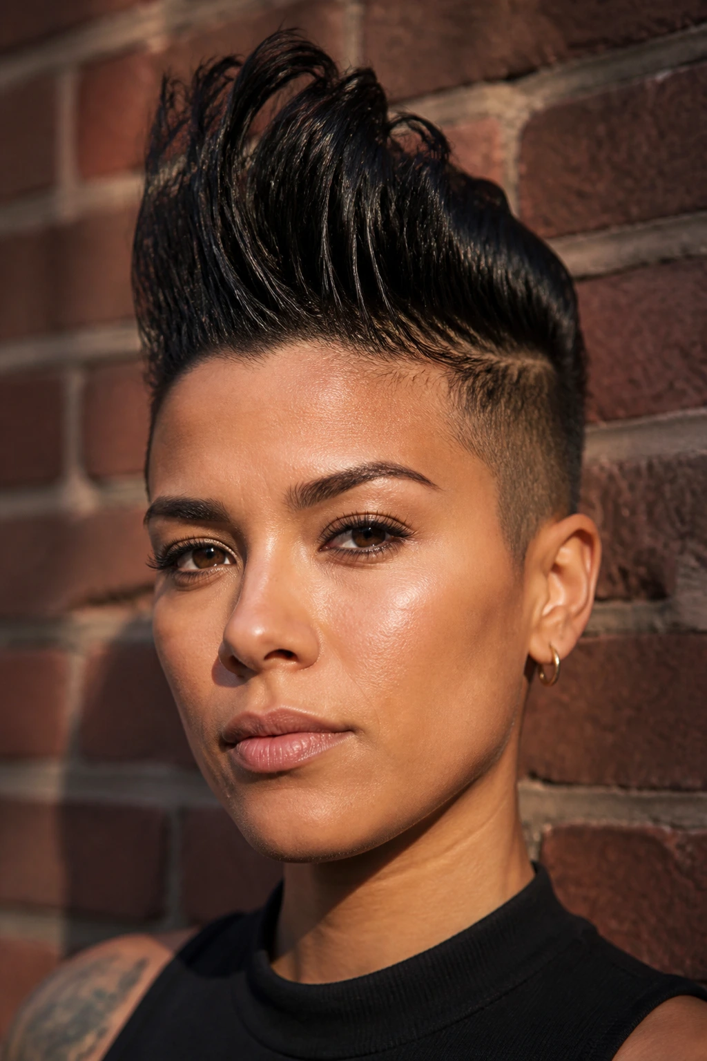 Close-up portrait of a real person with a tall center crest Mohawk-Inspired Quiff
