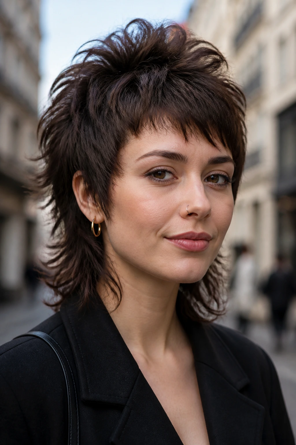 Close-up of a real woman with crown-volume choppy Mohawk-inspired shag.
