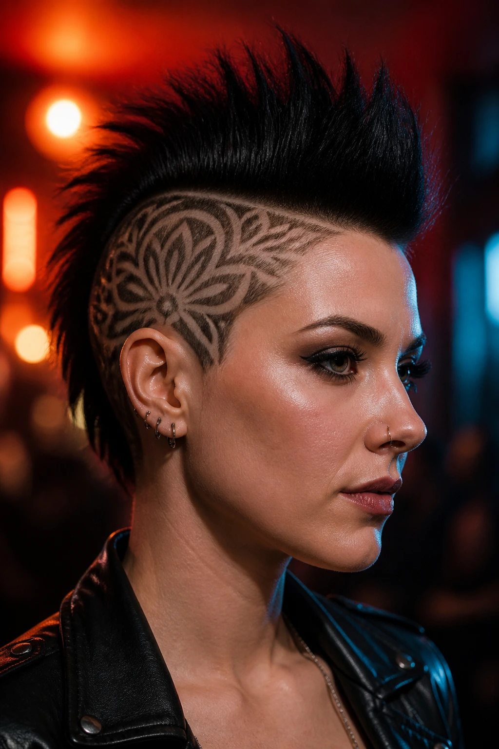 Close-up of a real person with a mohawk featuring carved undercut patterns in warm club lighting