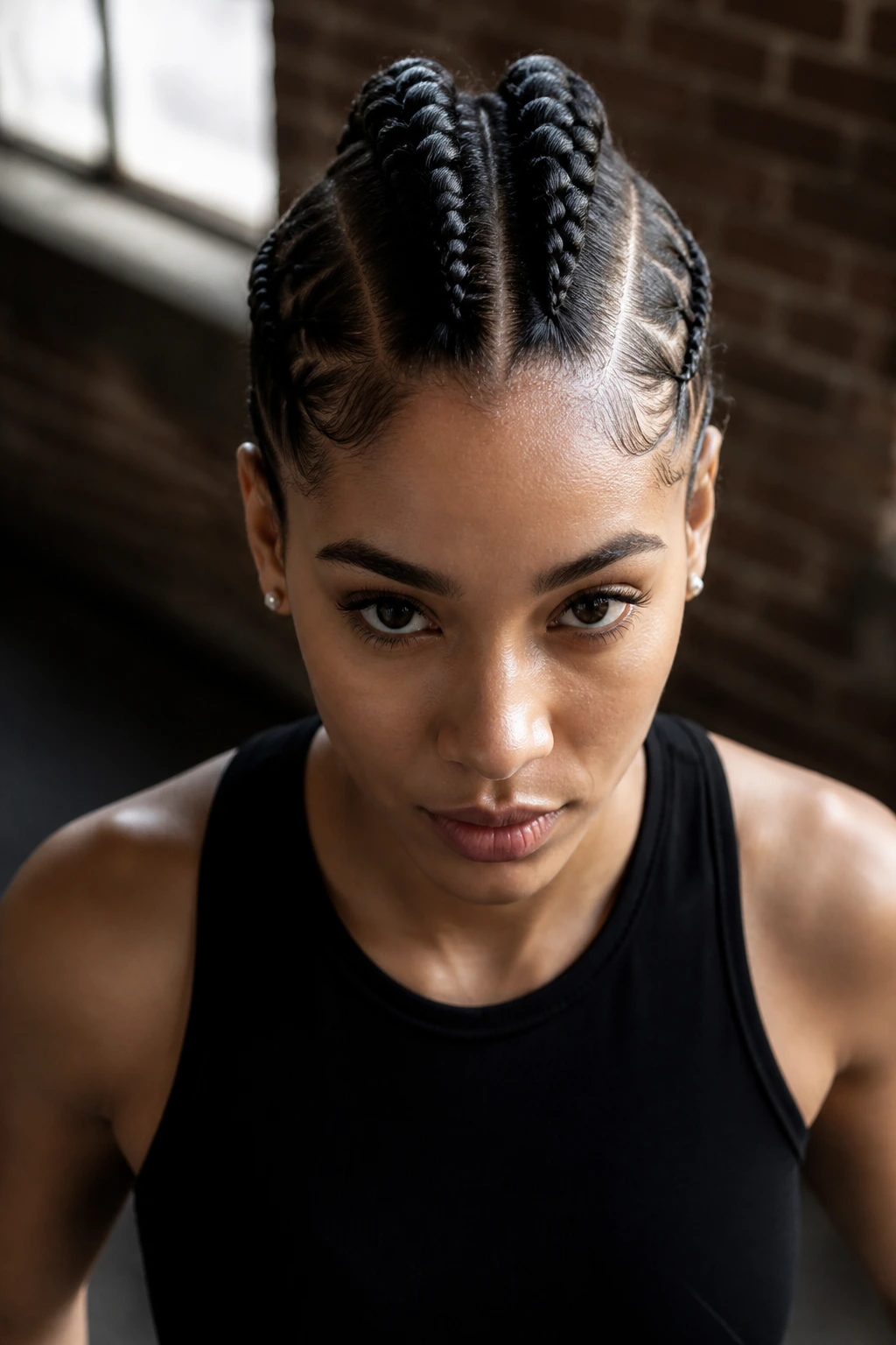 Portrait close-up of a real person with a mohawk-inspired four-braid silhouette
